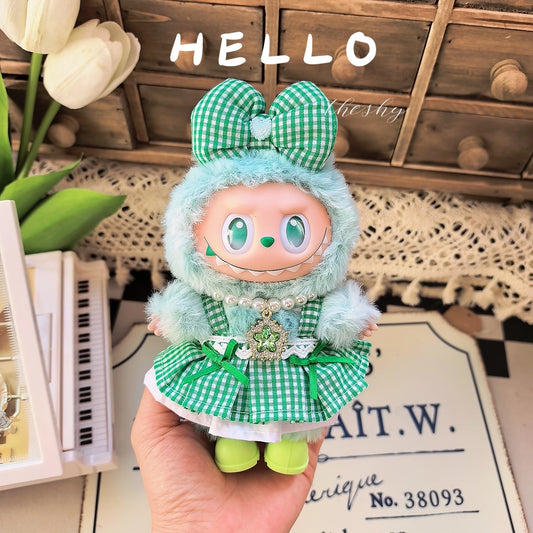 17cm Labubu Gen1-3 Elf Outfit - Green Dress & Hair Clip for Vinyl Doll Clothes