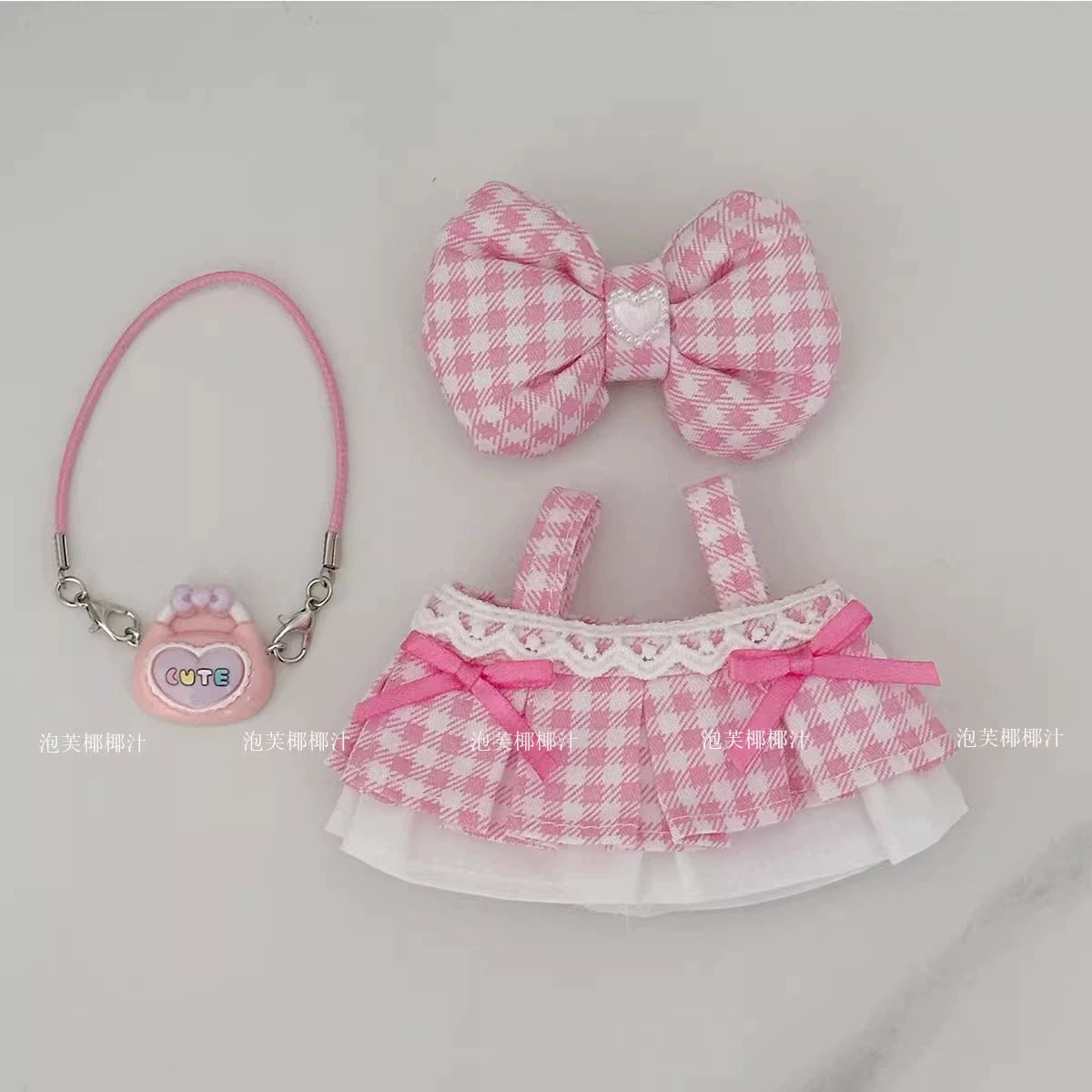 Labubu Sweet Plaid Dress Set - Green Skirt & Bow Outfit for Vinyl Doll Clothes