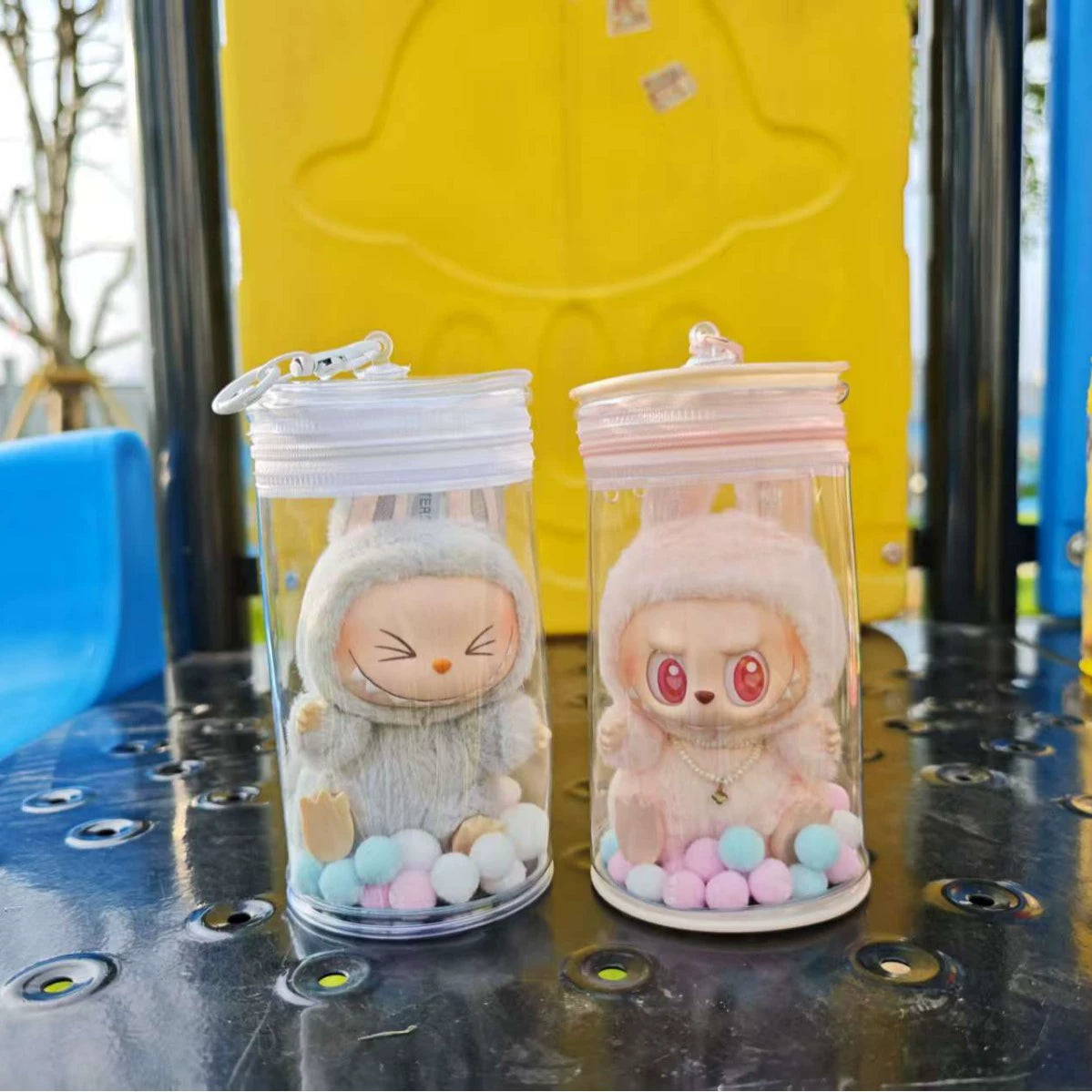 Labubu Doll Storage Bag - Red & Transparent Thick Canvas Cylinder Case