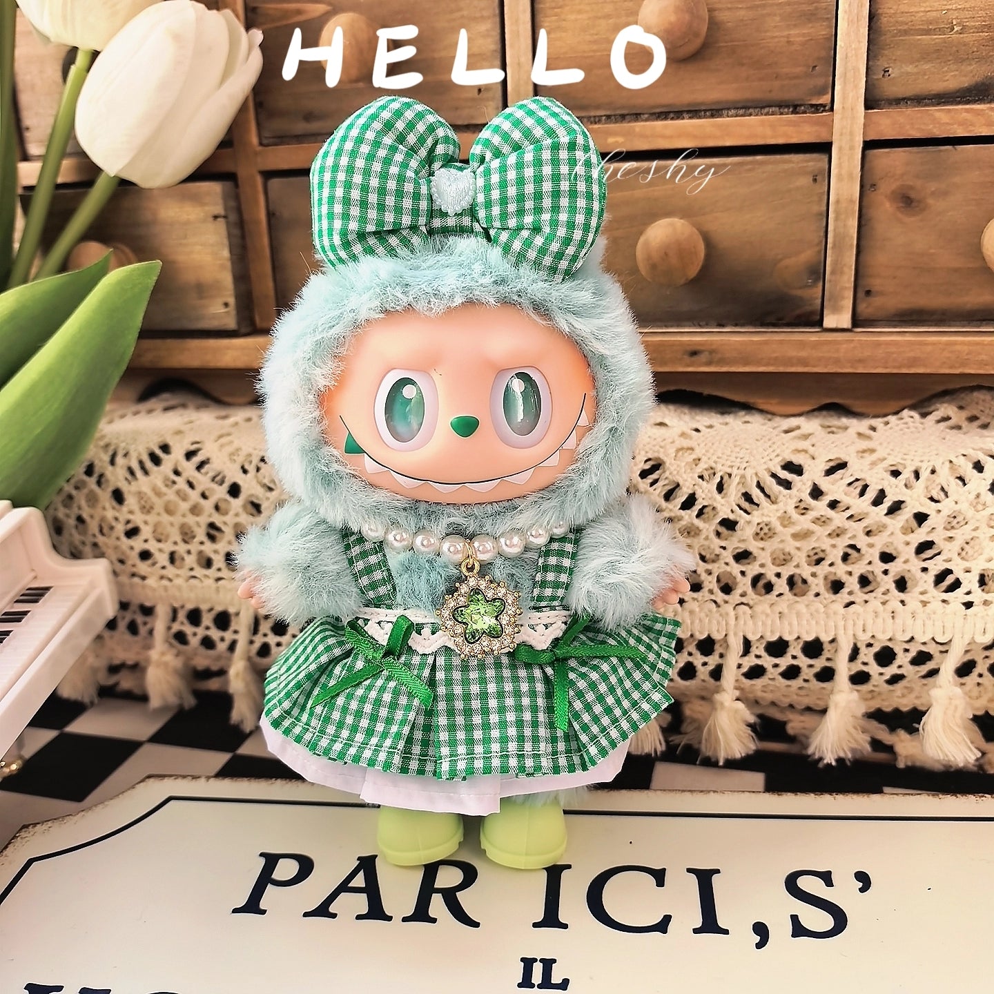 17cm Labubu Gen1-3 Elf Outfit - Green Dress & Hair Clip for Vinyl Doll Clothes