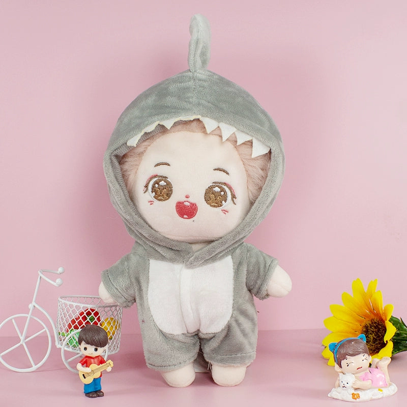Handmade 20cm Cotton Doll Fuzzy Shark Onesie Pajama Set | Gray Shark Plush Sleepwear