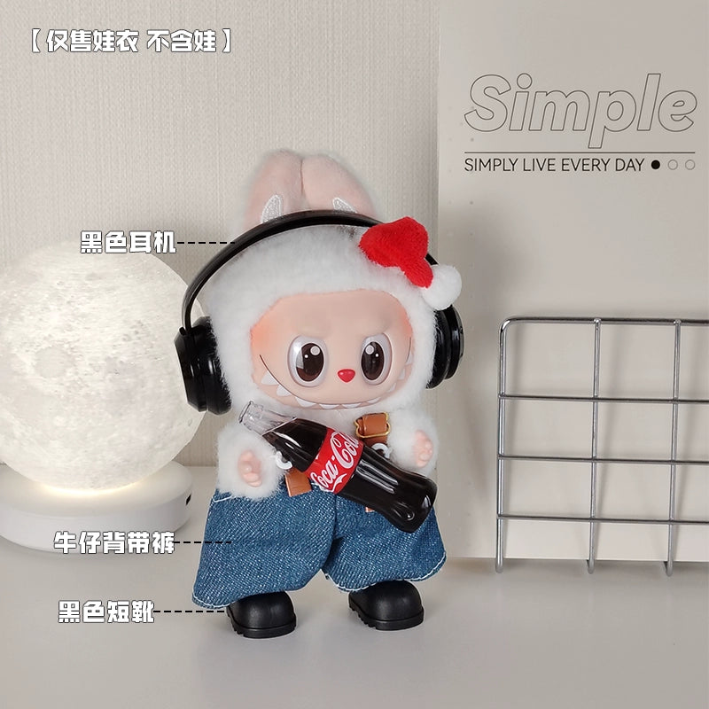 POP MART Labubu Summer Cola Outfit - Red Headphones + Sporty Denim Overalls + Red Boots for Gen 1/2 Figures 17cm (No Doll Included) | Keychain-Compatible