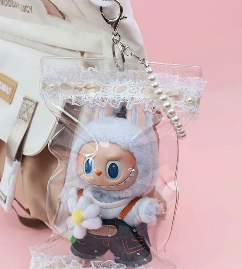 17cm Handmade Lace Doll Carrier - Clear Dustproof Bag for Hanging Display & Outdoor Use