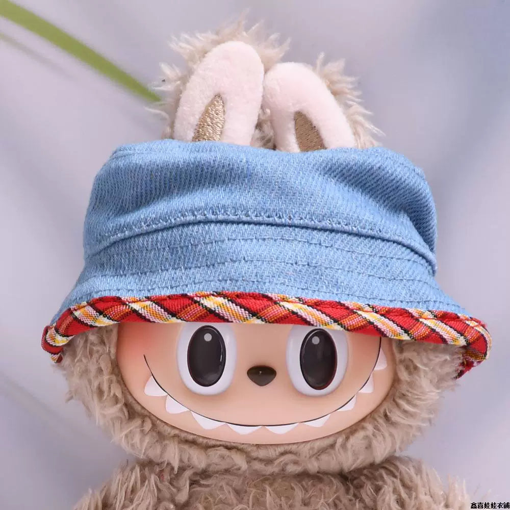 17cm Labubu Gen 1-3 Universal Fit Handmade Pink Bunny 3-Piece Set | Overalls + Hat + Mini Thermos Cup | Vinyl/Plush-Compatible Clothes Only for Collectible Dolls