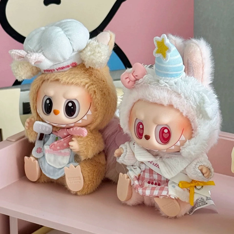 15cm (Seated)/17cm (Standing) Pop Mart Labubu Gen 1-2 Handmade Pink Chef Outfit Set | Apron + Chef Hat + Top | Vinyl/Plush-Compatible Clothes Only for Collectible Dolls & Keychain Charms