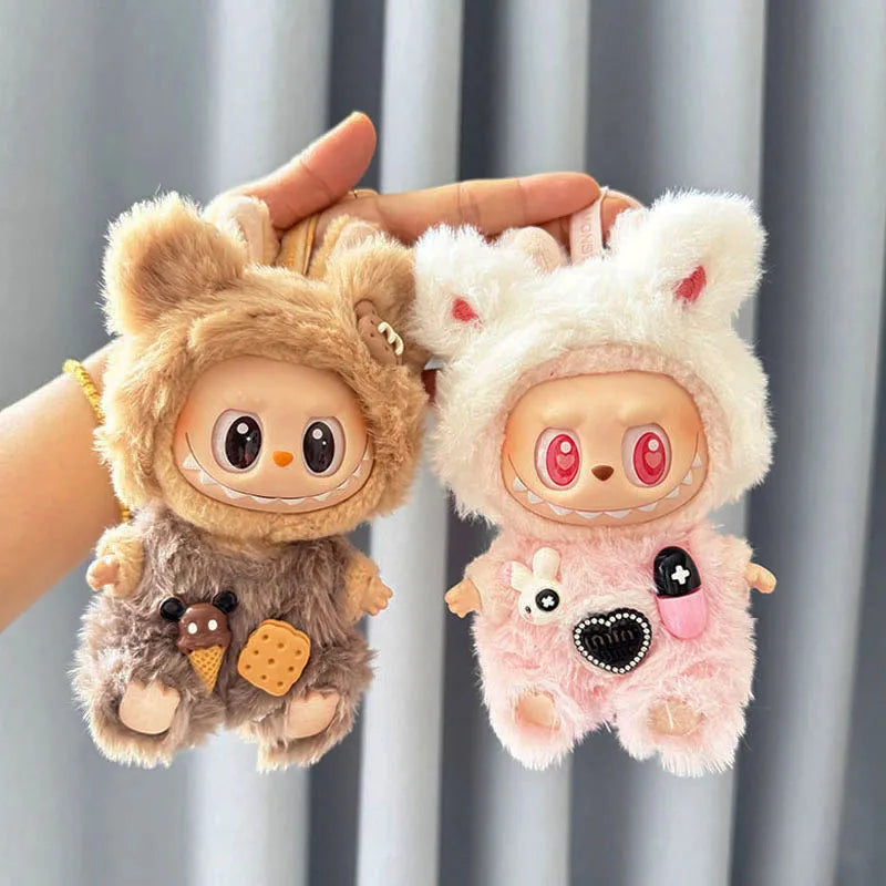 POP MART Labubu Doll Clothes - Teddy Bear Overalls Set for Gen 1/2 Vinyl Figures 17cm (No Doll Included) | Biscuit-Themed Blind Box Keychain Outfit