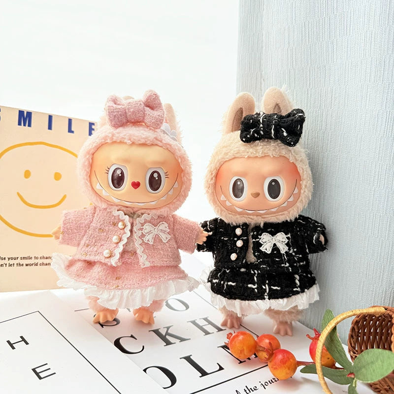 POP MART Labubu 17cm Doll Clothes - Pink Chanel-Style Dress Set w/Keychain for Blind Box Figures (No Doll Included) | Luxury Vinyl Outfit