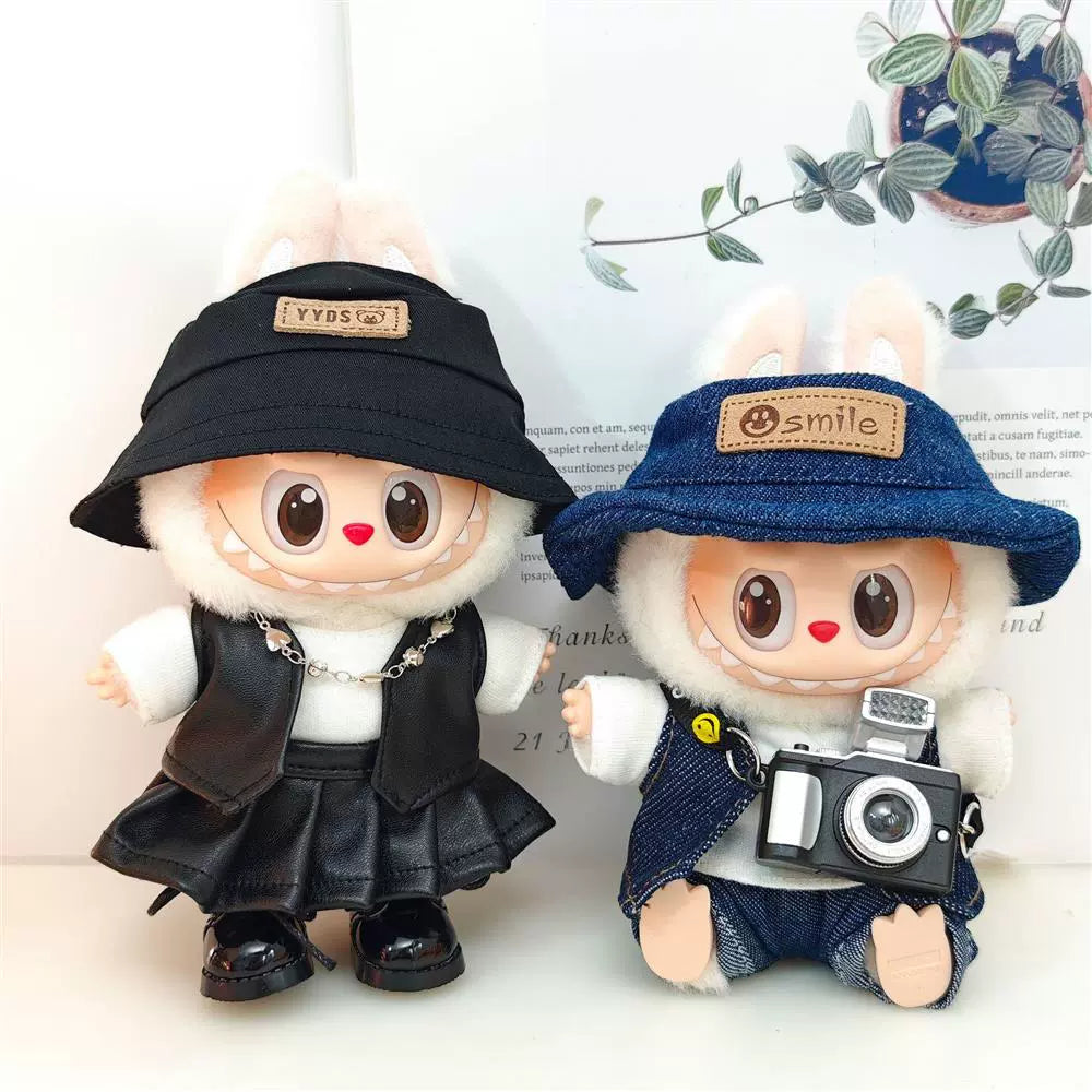 Labubu Outfit Set - Black Cool Overall & Fisherman Hat for 17cm Sitting Figures 1/2/3