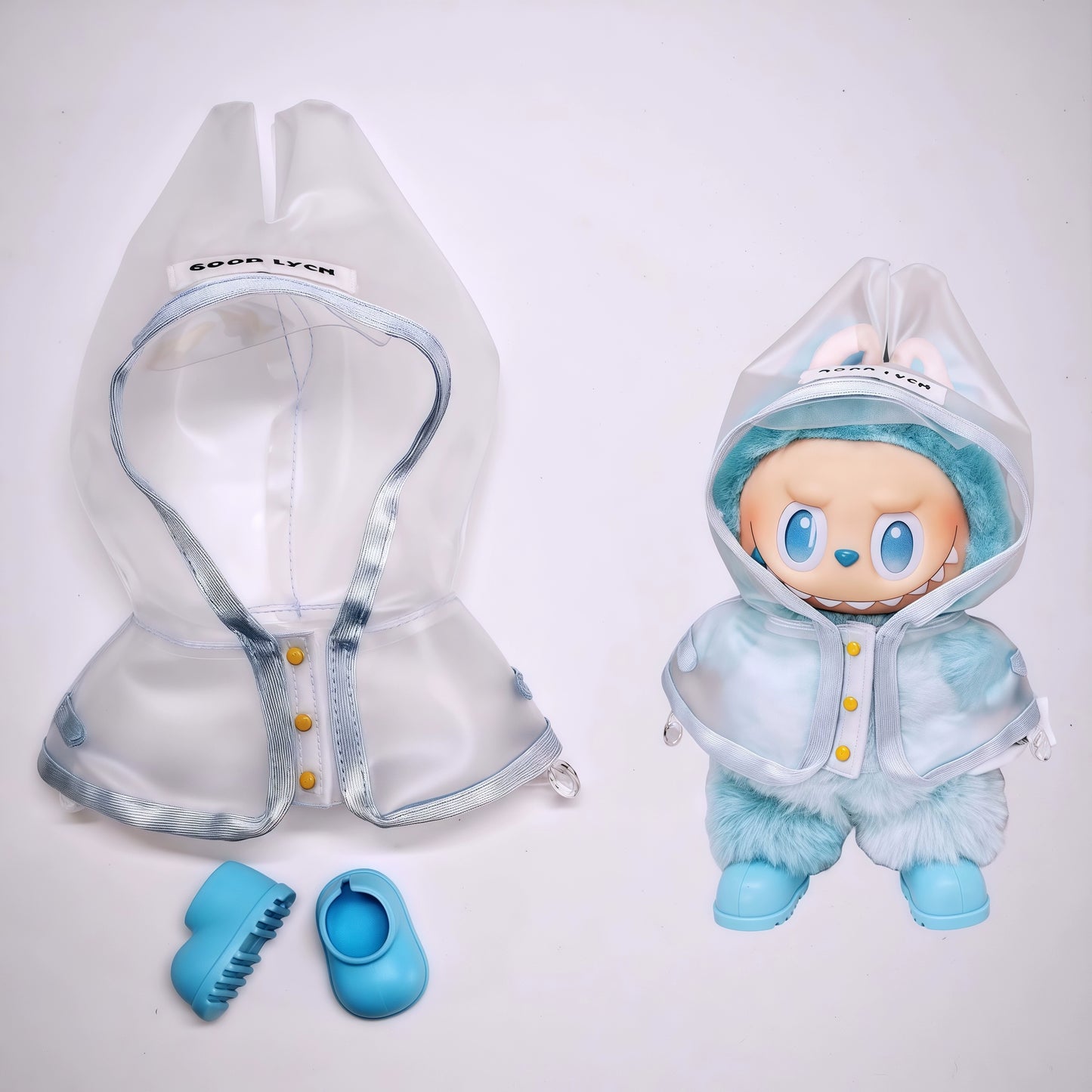 Pop Mart LABUBU Transparent Raincoat Outfit Set - Waterproof Coverall with Matching Boots for 1st/2nd/3rd Gen Vinyl Figures, Complete Protective Costume (17cm)
