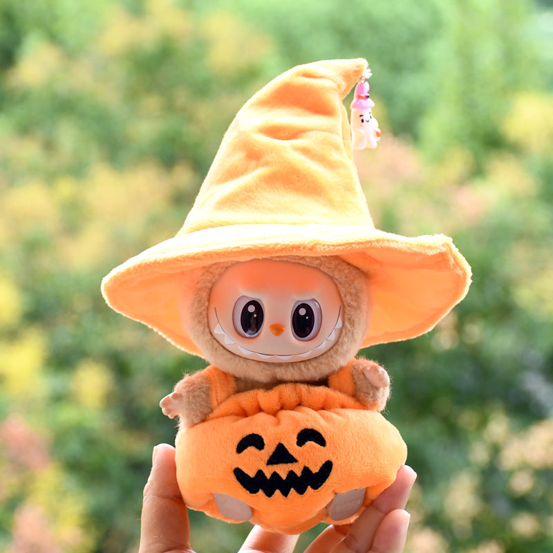 17cm Labubu 1st-2nd Gen Keychain Clothes Only | Halloween Pumpkin Costume Set with Black Witch Hat | Replacement Outfits for Vinyl Dolls
