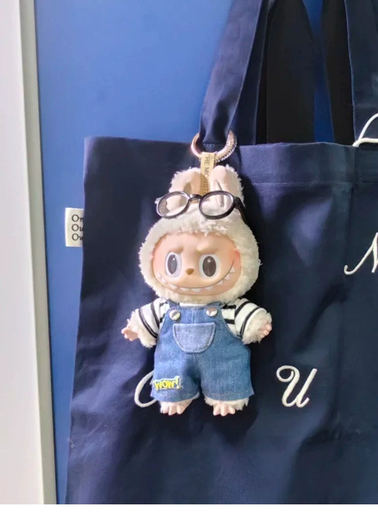 POP MART Labubu Doll Clothes - Striped Tee + Pocket Denim Overalls for Gen 1/2/3 Figures 17cm (No Doll Included)