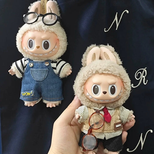 POP MART Labubu Doll Clothes - Striped Tee + Pocket Denim Overalls for Gen 1/2/3 Figures 17cm (No Doll Included)
