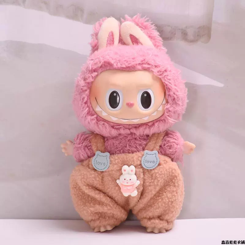 17cm Labubu Gen 1-3 Universal Fit Handmade Pink Bunny 3-Piece Set | Overalls + Hat + Mini Thermos Cup | Vinyl/Plush-Compatible Clothes Only for Collectible Dolls