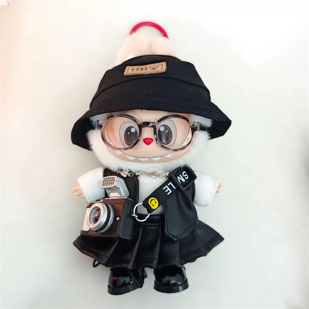 Labubu Outfit Set - Black Cool Overall & Fisherman Hat for 17cm Sitting Figures 1/2/3