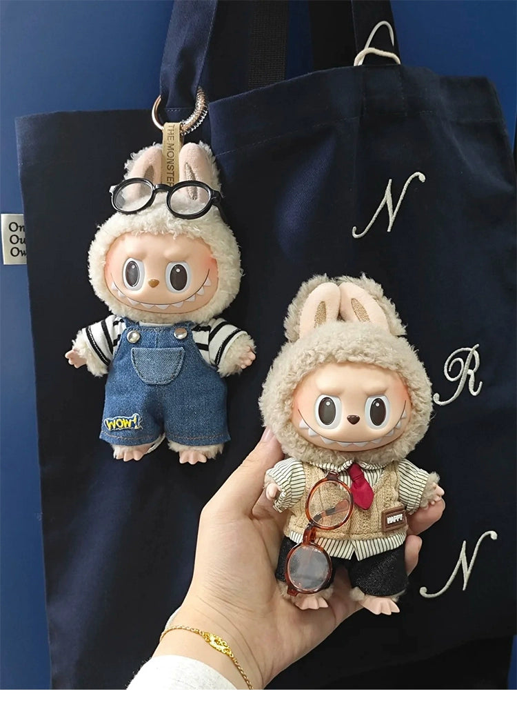 POP MART Labubu Doll Clothes - Striped Tee + Pocket Denim Overalls for Gen 1/2/3 Figures 17cm (No Doll Included)
