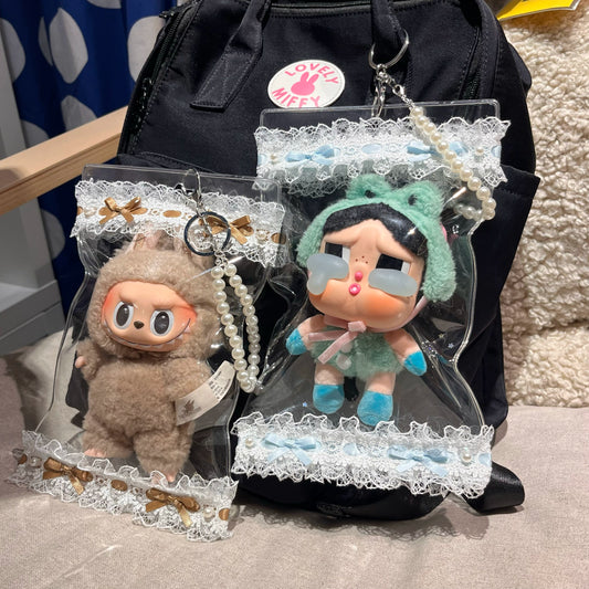 17cm Handmade Lace Doll Carrier - Clear Dustproof Bag for Hanging Display & Outdoor Use