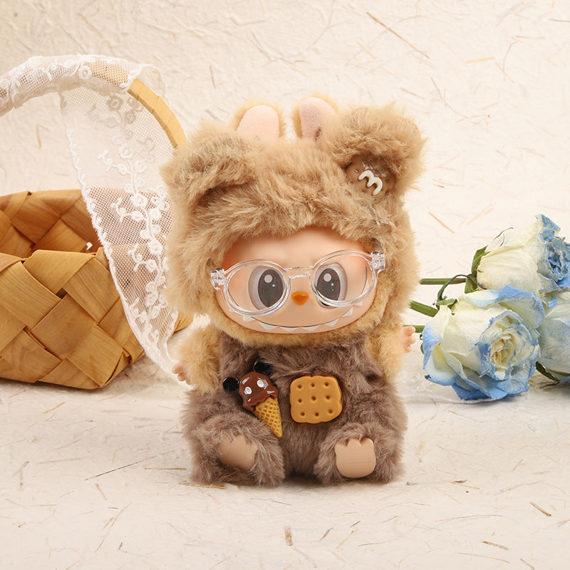 17cm Labubu Gen 1-3 Handmade Cookie Bear Knit Sweater Set | Cream Beanie + Cable-Knit Sweater + Detachable Heart Shoulder Bag | Vinyl/Plush-Compatible Clothes Only for Collectible Dolls