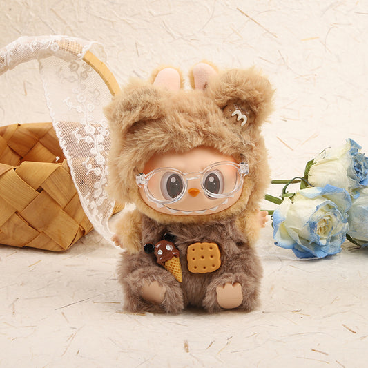 17cm Labubu Gen 1-3 Handmade Cookie Bear Knit Sweater Set | Cream Beanie + Cable-Knit Sweater + Detachable Heart Shoulder Bag | Vinyl/Plush-Compatible Clothes Only for Collectible Dolls