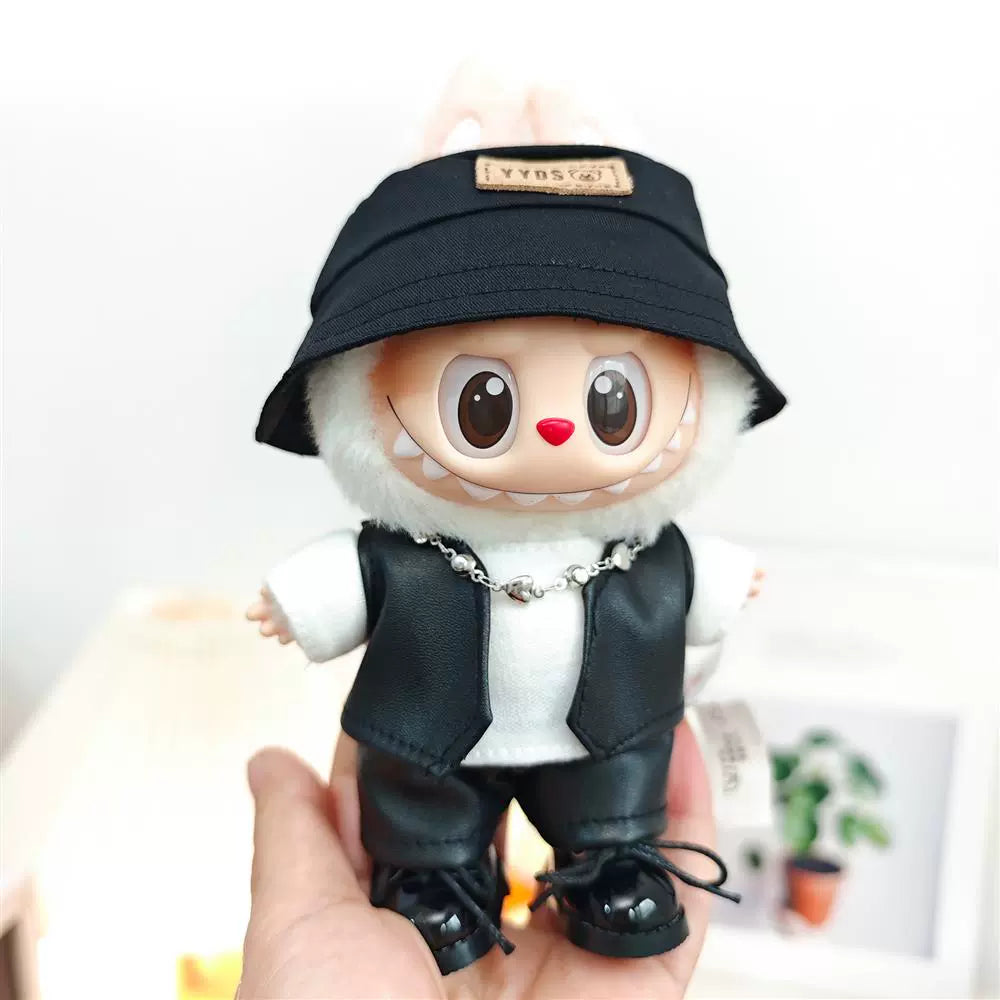 Labubu Outfit Set - Black Cool Overall & Fisherman Hat for 17cm Sitting Figures 1/2/3
