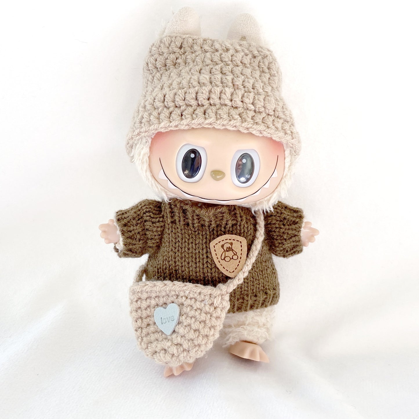 17cm Labubu 1st-3rd Gen Keychain Clothes | Brown Bear Sweater Set + Knit Top & Hat