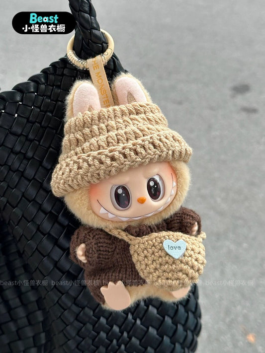 POP MART Labubu 17cm Doll Clothes - Brown Bear Knit Sweater w/Crossbody Bag for Gen 1/2/3 Figures (No Doll Included) | Cotton & Vinyl Keychain Outfit