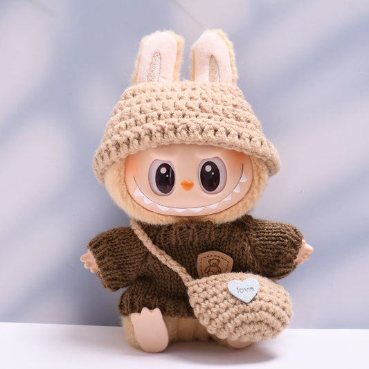 Labubu Series 1/2 Outfit - Brown Knit Sweater Set w/ Hat & Bag for Keychain Doll