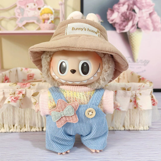 17cm Pop Mart Labubu Gen 2 Handmade Denim Overalls & Knit Sweater Set | T-Shirt + Hoodie | Vinyl/Plush-Compatible Clothes Only for Seated Dolls & Keychain Charms