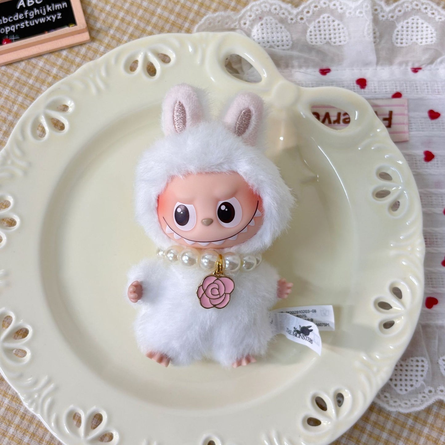 10.5cm Labubu 4th Gen Heart Code Collection Butter Bear Style Vinyl Outfit Set | 2-Piece Overalls & Bear Hat Replacement Clothes for Mini Keychain Charms