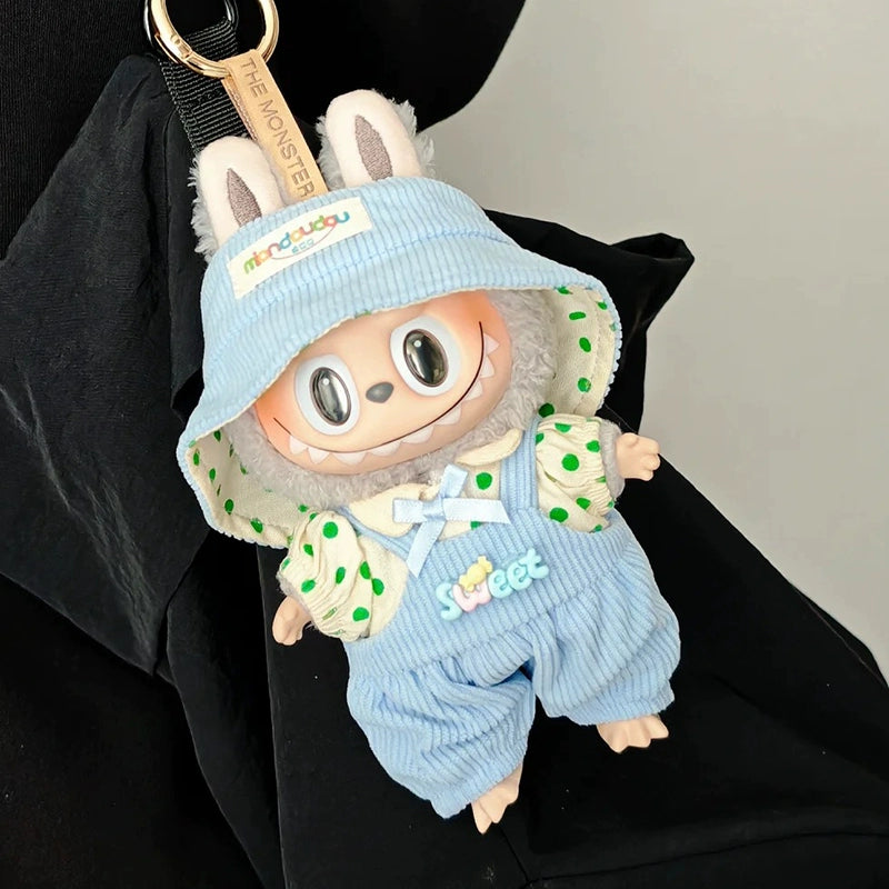 LABUBU CLOTHES, Denim Outfit Set for LABUBU - Cute Striped Tee & Overalls for POP MART Blind Box Plush Dolls