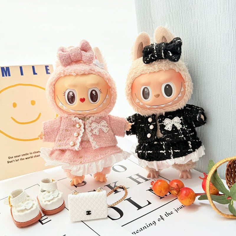 POP MART Labubu 17cm Doll Clothes - Pink Chanel-Style Dress Set w/Keychain for Blind Box Figures (No Doll Included) | Luxury Vinyl Outfit