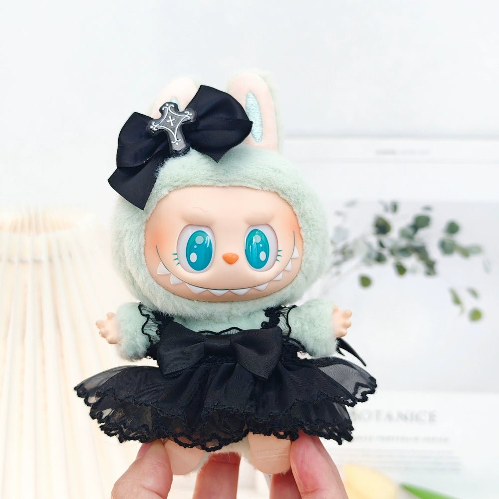 Gothic Lolita Dress for Labubu Have a Seat - Black Velvet Devil Costume with Wings (No Hat)