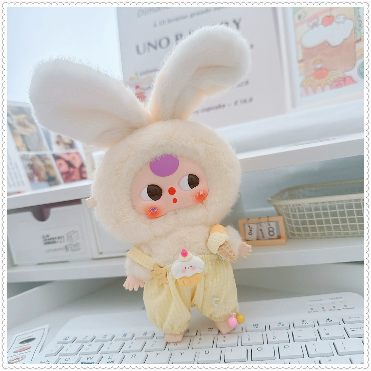 Macaron Bunny Plush Doll Clothes - Ice Cream Overalls Outfit for 3" Blind Box Figures