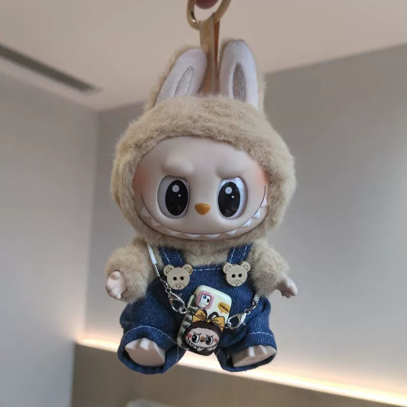 17cm Labubu Denim Overalls Hat Set & Phone Strap for Keychain Doll Accessories