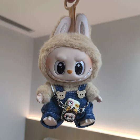 17cm Labubu Denim Overalls Hat Set & Phone Strap for Keychain Doll Accessories
