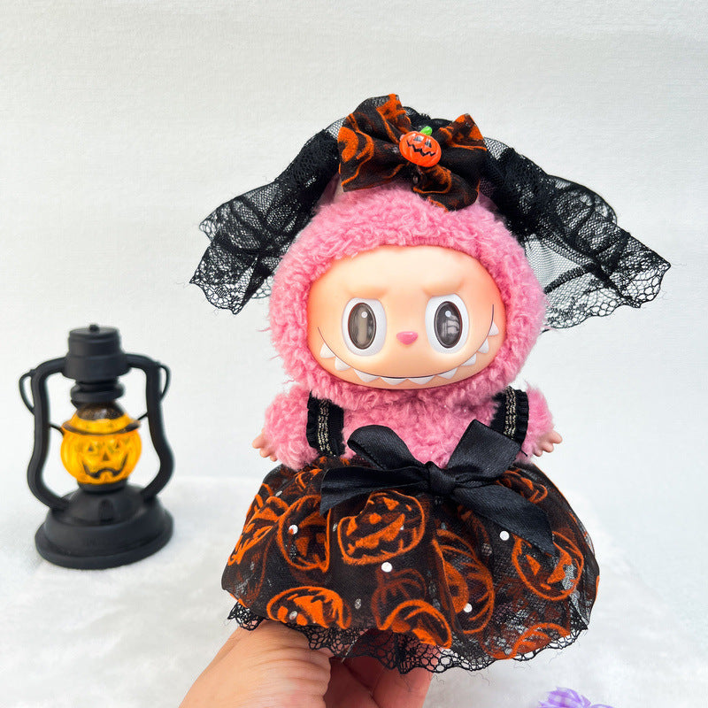 Spooky Bride Labubu Outfit - Lace Trimmed Pumpkin Pattern Black Dress with Detachable Veil (No Doll)