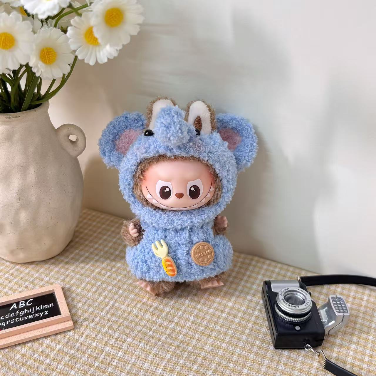 10.5cm Labubu 4th Gen Heart Code Collection Butter Bear Style Vinyl Outfit Set | 2-Piece Overalls & Bear Hat Replacement Clothes for Mini Keychain Charms