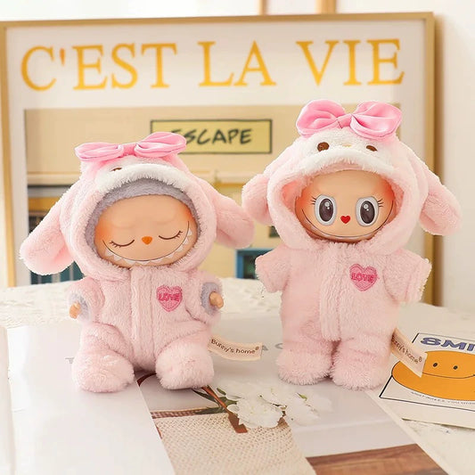 17cm Labubu Knit Outfit - Button Sweater & Hat Set for Plush Vinyl Keychain Doll