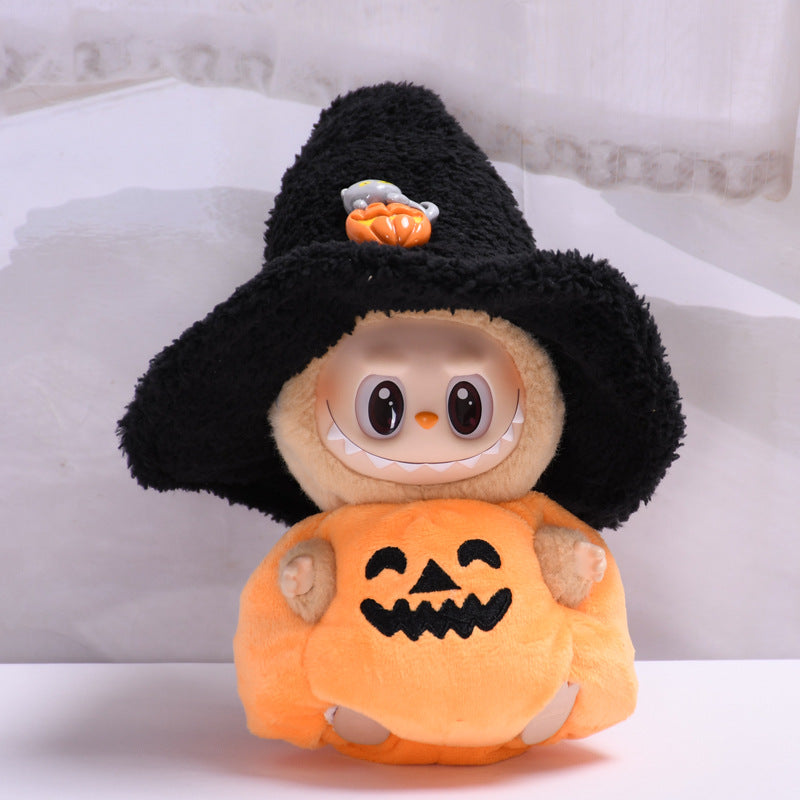 17cm Labubu 1st-2nd Gen Keychain Clothes Only | Halloween Pumpkin Costume Set with Black Witch Hat | Replacement Outfits for Vinyl Dolls