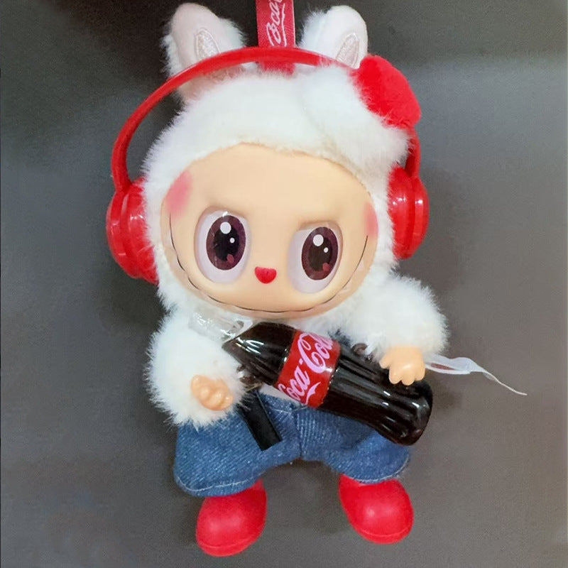 POP MART Labubu Cola-Themed Doll Clothes Set - Red Headphones + Denim Overalls + Boots for 17cm Figures (No Doll Included)