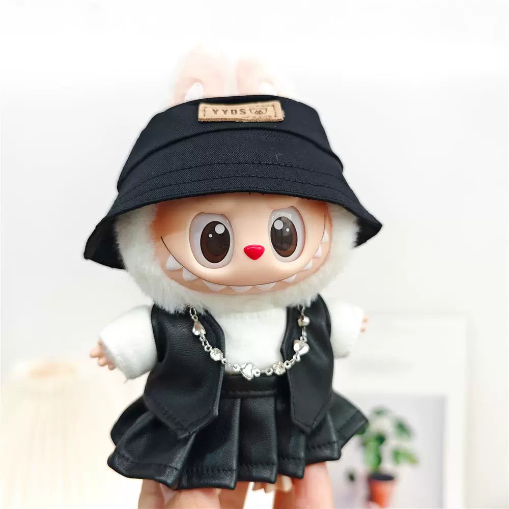 Labubu Outfit Set - Black Cool Overall & Fisherman Hat for 17cm Sitting Figures 1/2/3