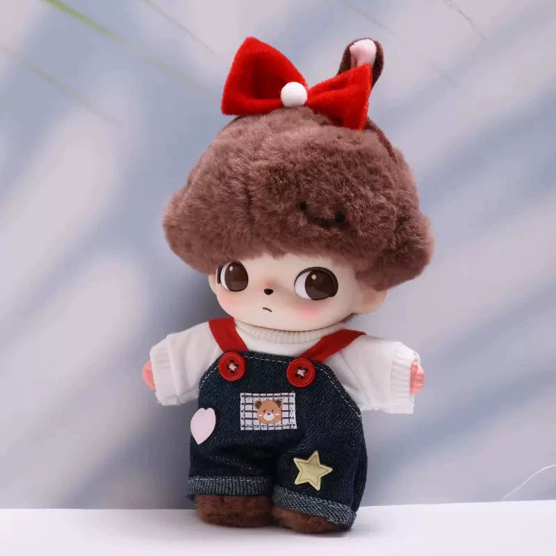 DIMOO WORLD Plush Keychain Doll Outfit - Star Denim Overalls & Red Bow Set for Labubu Doll Clothes
