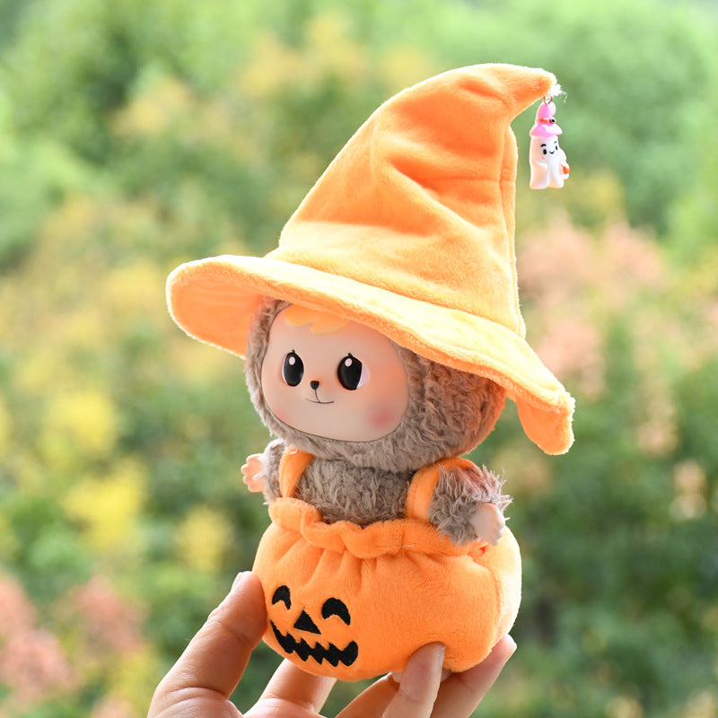 17cm Labubu 1st-2nd Gen Halloween Pumpkin Costume Set with Black Witch Hat | Clothes Only Replacement Outfit for Vinyl/Plush Keychain Charms
