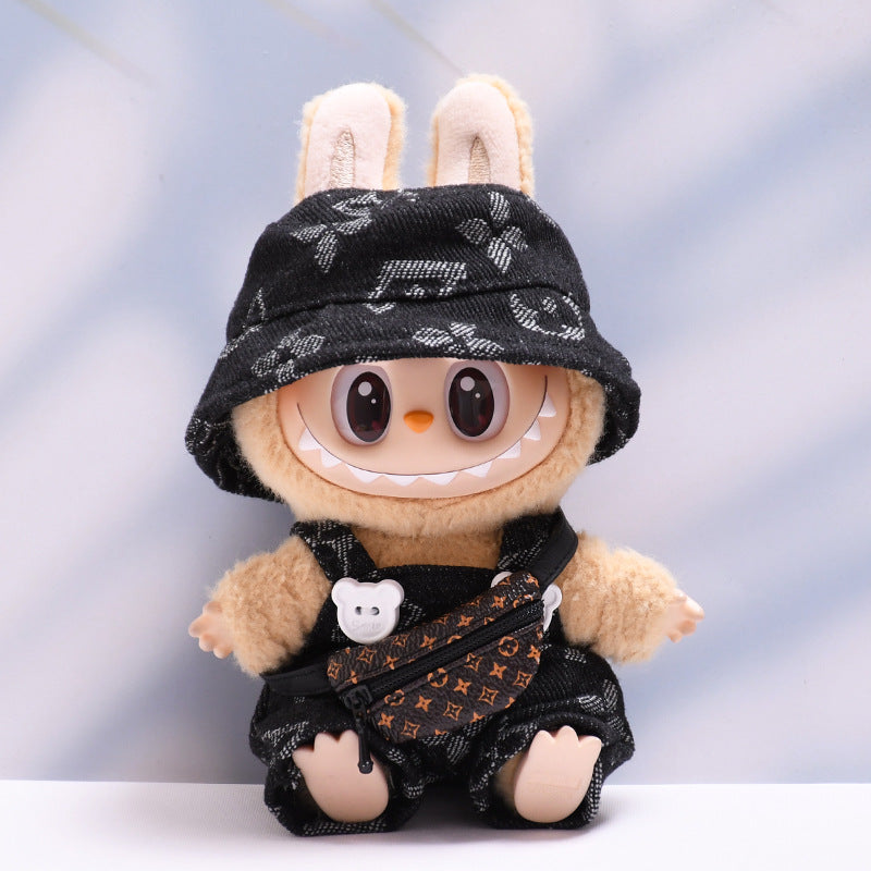 Labubu Series 1/2 Outfit - Printed Overalls & Hat for Keychain Doll Clothes Streetwear