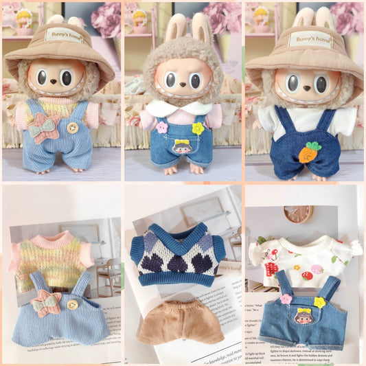 17cm Pop Mart Labubu Gen 2 Handmade Denim Overalls & Knit Sweater Set | T-Shirt + Hoodie | Vinyl/Plush-Compatible Clothes Only for Seated Dolls & Keychain Charms