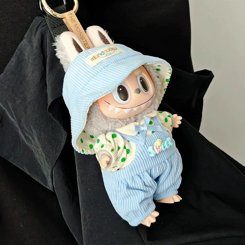 LABUBU CLOTHES, Denim Outfit Set for LABUBU - Cute Striped Tee & Overalls for POP MART Blind Box Plush Dolls