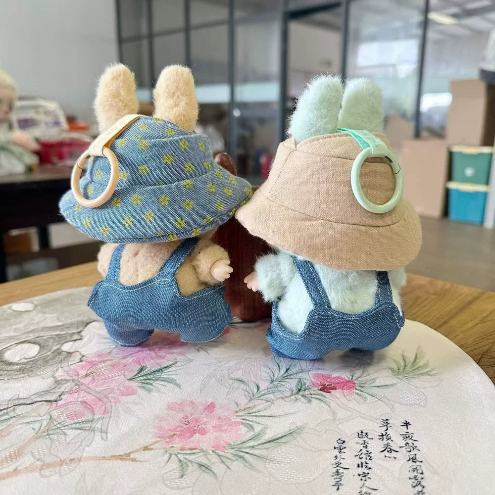 Labubu Denim Overalls Set - Cute Jumpsuit & Fisherman Hat for Vinyl Doll Clothes