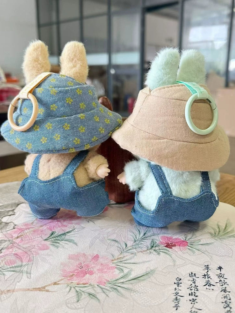 Labubu Denim Overalls Set - Cute Jumpsuit & Fisherman Hat for Vinyl Doll Clothes