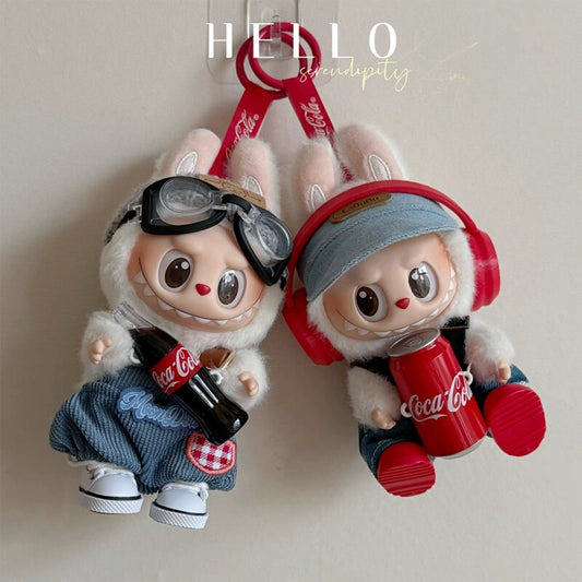 POP MART Labubu Summer Cola Outfit - Red Headphones + Sporty Denim Overalls + Red Boots for Gen 1/2 Figures 17cm (No Doll Included) | Keychain-Compatible