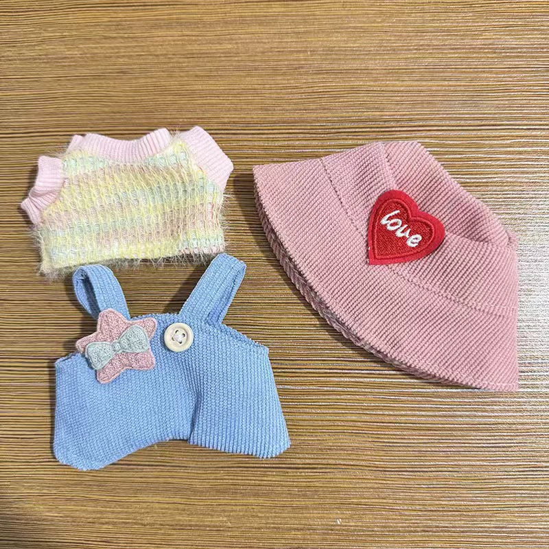 17cm Labubu Gen 1-3 Universal Fit Handmade Pink Bunny 3-Piece Set | Overalls + Hat + Mini Thermos Cup | Vinyl/Plush-Compatible Clothes Only for Collectible Dolls