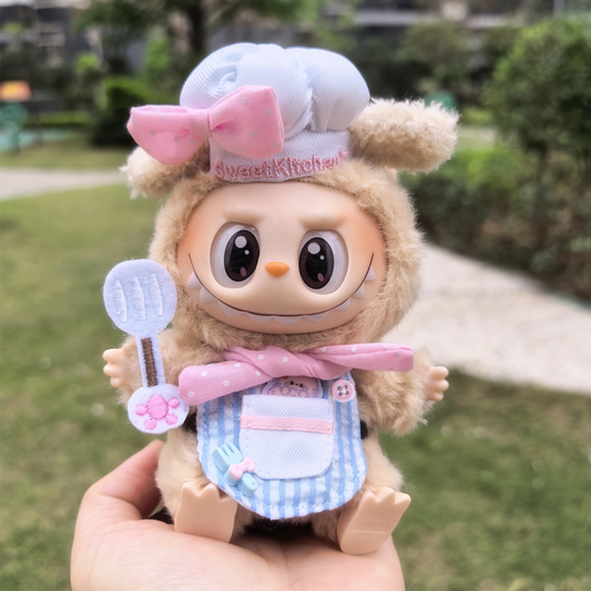 15/17cm Labubu Chef Outfit - Pink Dot Kitchen Set for Sitting Party Series Doll